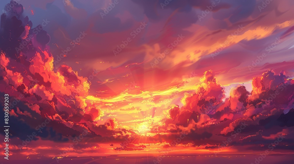 Fototapeta premium Breathtaking sunset floods the sky with vivid, dramatic hues.