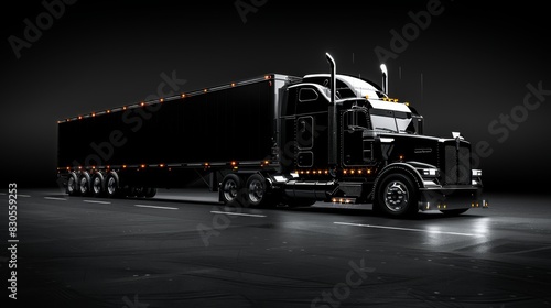 Semi truck on solid black background. Generative AI.