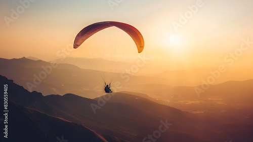 Paragliding Over Majestic Mountain Range. Adventure Concept: Paraglider soaring above a breathtaking mountain landscape at sunset, capturing the thrill of adventure and freedom ai generative