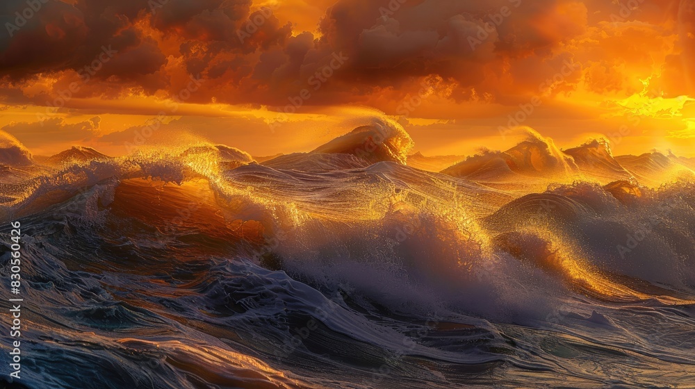 Witness the intensity of a stormy morning on the ocean with strong waves high tide and the mesmerizing sunrise shining its golden light on the rough waters forming a grand and lively seasca Witness the intensity of a stormy morning on the ocean with strong waves high tide and the mesmerizing sunrise shining its golden light on the rough waters forming a grand and lively seasca