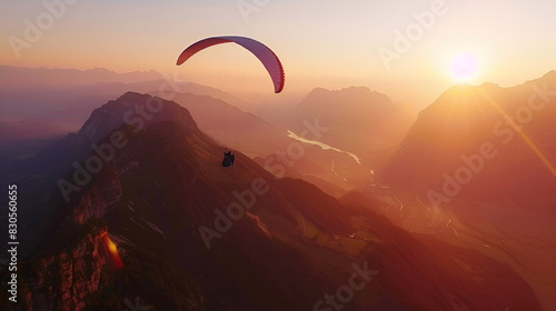 Paragliding Over Majestic Mountain Range. Adventure Concept: Paraglider soaring above a breathtaking mountain landscape at sunset, capturing the thrill of adventure and freedom ai generative © Nazia