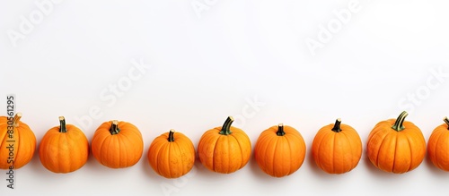 There is a white background with a flat lay of orange pumpkins It s a panorama image with copy space available for advertisements