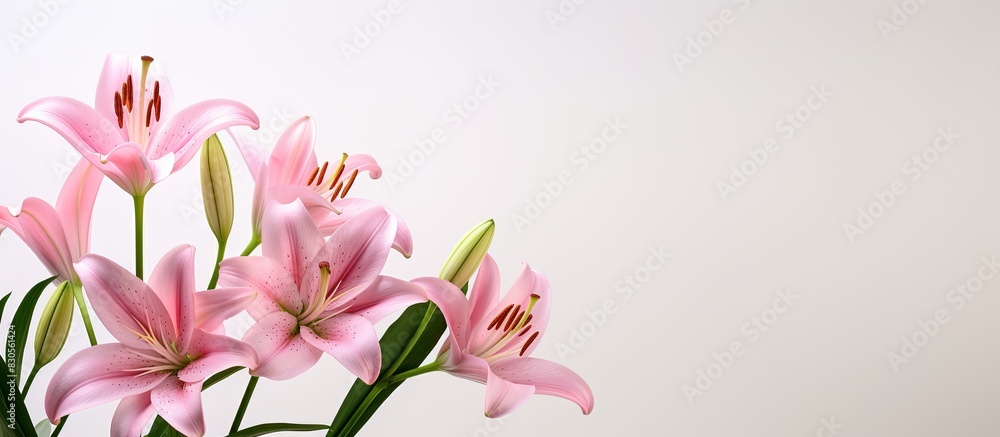 A stunning copy space image of pink lily flowers set against a light background