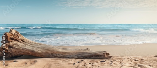 The image showcases a tree trunk made of wood with the picturesque backdrop of a sandy beach and texturized sea. Creative banner. Copyspace image photo