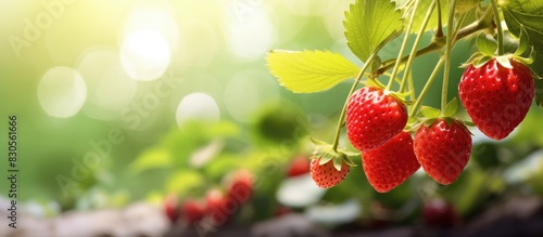 Fototapeta Naklejka Na Ścianę i Meble -  Image of strawberry fruits growing in a garden with ample copy space