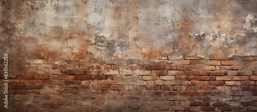 An aged red brick wall with a grungy texture and signs of deterioration providing an intriguing background for copy space images photo