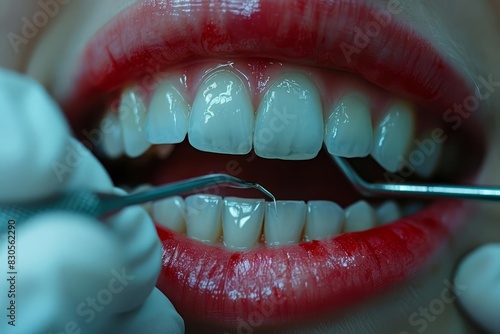 Close-up of dentist examining patient's teeth, dental health, high detail, clinical setting photo