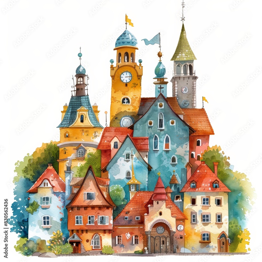 Colorful fantasy town illustration with whimsical buildings and towers, showcasing vibrant artistic creativity and imagination.
