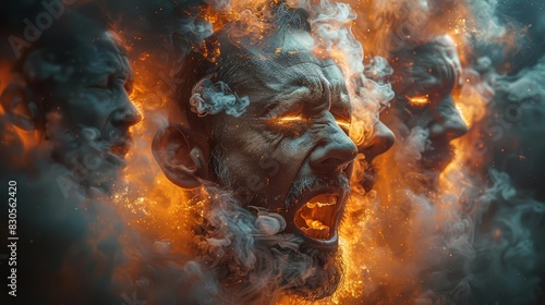 Distressed man with multiple heads, rage and frustration, dark and moody, high resolution