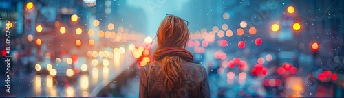 Distressed woman in bustling city, sharp focus on her, surrounding blur, emotional impact photo