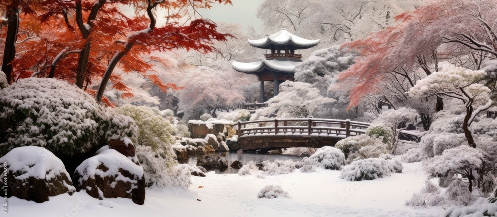Winter scenery of an ornamental garden with snow covered leaves providing a serene and picturesque copy space image