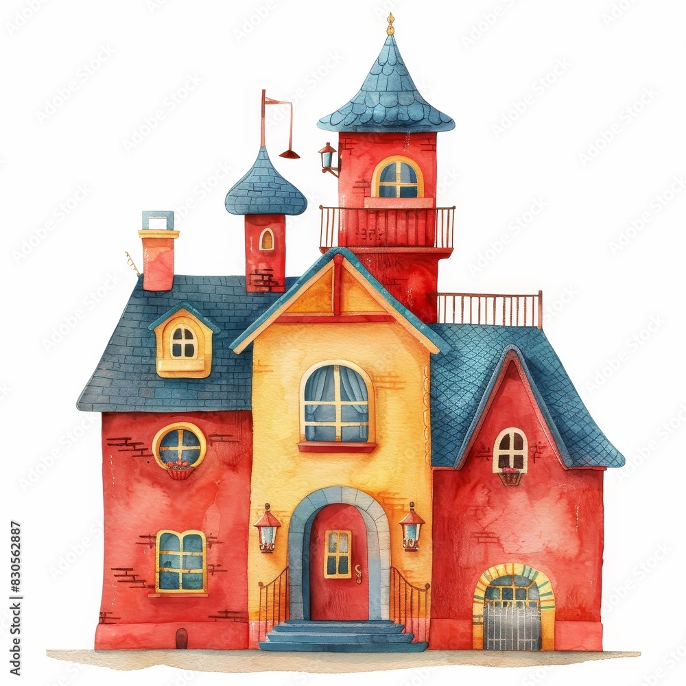 Colorful whimsical fairy tale house illustration with vibrant red and blue tones, unique architecture, and fantasy theme.