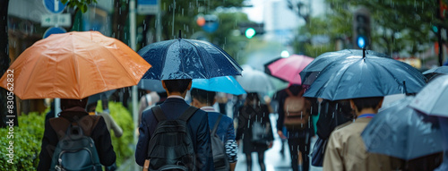 A group of Japanese people walking on a street in Japan with umbrellas during heavy rain, in a photo taken from behind them. The scene shows various faces and body postures as they walk along an outdo photo