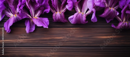 A wooden background with vibrant purple iris flowers provides ample copy space for any creative use