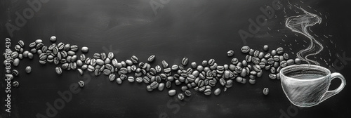 A chalk drawing of coffee beans in the shape of a steaming cup on a blackboard background. Advertising photo