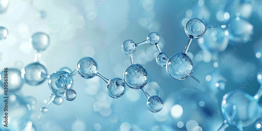 Connected water molecules on a light blue background, close up. Generative AI. Connected water molecules on a light blue background, close up. Generative AI.