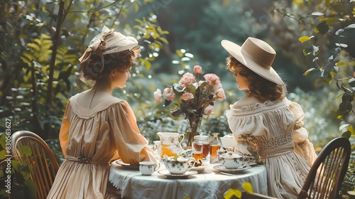 Elegant 1910s Tea Party in Lush Garden with Women in Long Dresses and Wide Brimmed Hats photo