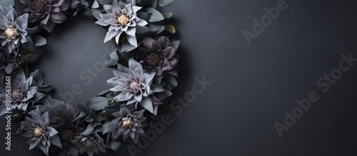 A copy space image of a plastic flower funeral wreath adorning a somber dark grey wall with room for text
