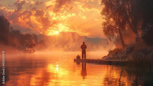 Father and daughter fishing from a dock, warm light, serene, photorealistic
