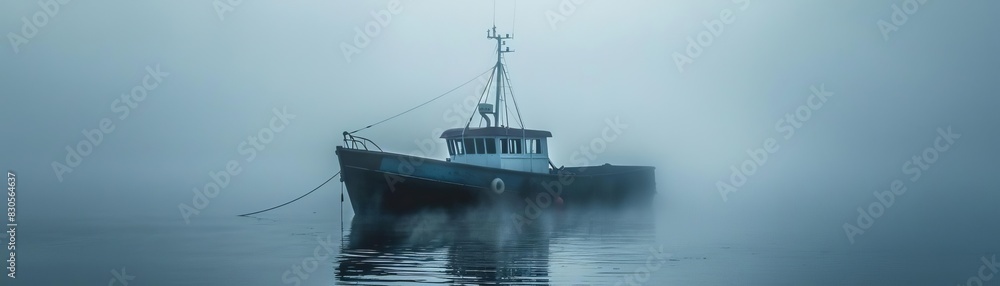 Naklejka premium A mysterious fishing boat anchored in foggy waters, creating a serene and atmospheric scene with limited visibility.