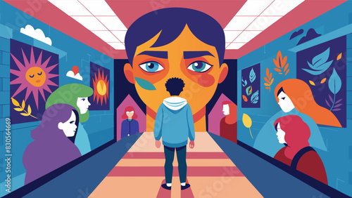 An artistic student uses their talents to create an eyecatching mural in the schools main hallway featuring powerful antibullying messages and uplifting images.. Vector illustration