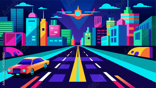 The city streets are lined with designated air taxi landing zones painted with bright neon colors to guide the highspeed vehicles.. Vector illustration