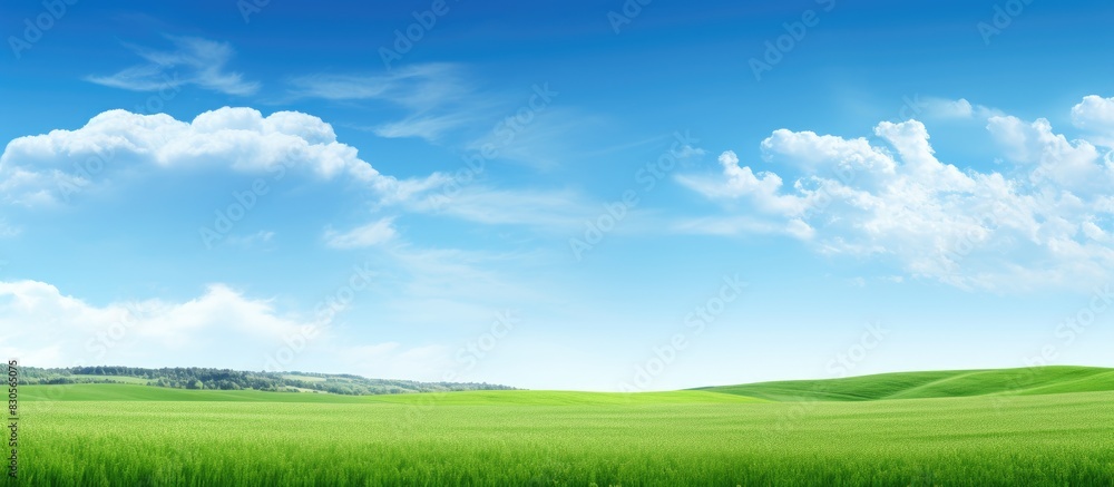 A picturesque scene with a lush green field extending beneath a clear blue sky providing ample copy space for images A picturesque scene with a lush green field extending beneath a clear blue sky providing ample copy space for images