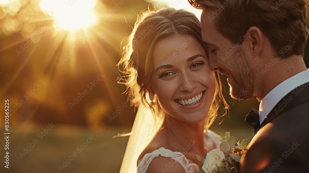 A joyful bride and groom embrace at sunset on their wedding day, sharing a tender moment filled with love and happiness.