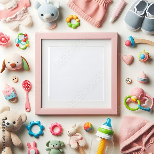 AI Generate of A Kid Toys, Toys with White Blank Frame in Middle for Copy Text. Top View. Flat Lay.White Background.