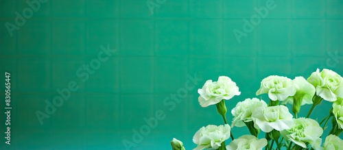 A copy space image of green background with carnations and starchis photo