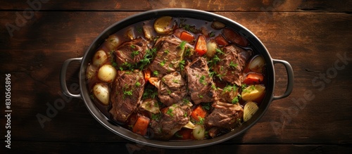 A top down view of a pot roast simmered slowly to perfection with plenty of copy space for presentation