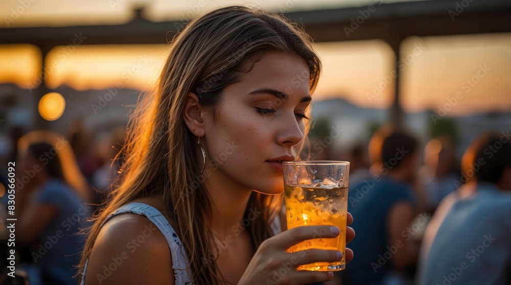 Sunset serenity envelops a girl as she indulges in a drink at an open-air concert, capturing the essence of summer bliss Sunset serenity envelops a girl as she indulges in a drink at an open-air concert, capturing the essence of summer bliss