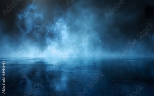 A veil of ethereal blue mist shrouds a dimly lit, shadowy surface.