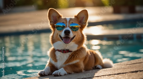 Sunset dreamer Happy corgi dog lounging by the pool, wearing sunglasses, embodying summer holiday relaxation photo