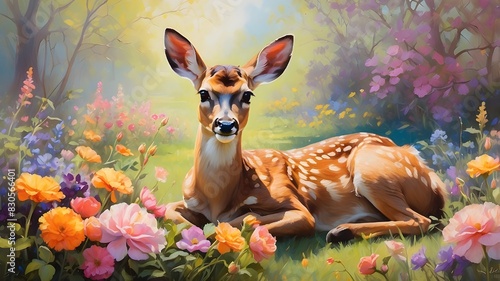 Young deer are shown in this extremely impressionistic picture lying on a sunny grass among vibrant spring or summer flowers. The young deer is lying on the grass.