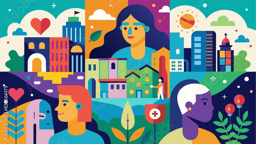 A series of colorful murals painted by local artists are on display in a downtown area each portraying a different aspect of mental health and its impact on the community.. Vector illustration