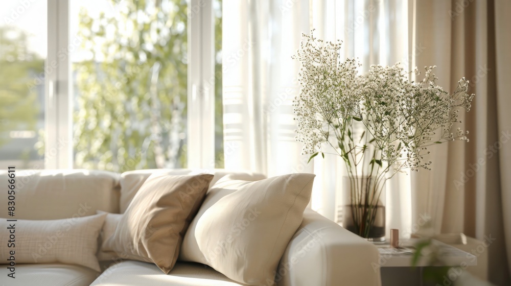 The sunlight shines through the sheer curtains onto a comfy couch with neutral pillows and a tall vase of baby's breath flowers. The sunlight shines through the sheer curtains onto a comfy couch with neutral pillows and a tall vase of baby's breath flowers.