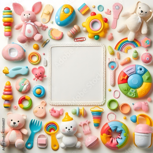 AI Generate of A Kid Toys, Toys with White Blank Frame in Middle for Copy Text. Top View. Flat Lay.White Background.