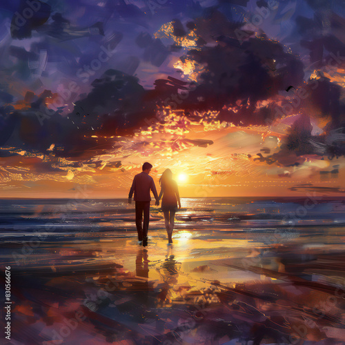 A couple enjoying a sunset walk on the beach  holding hands and talking about their dreams