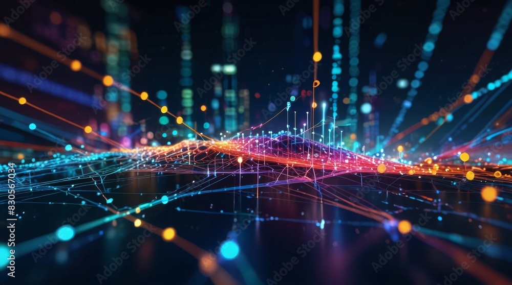 Abstract background of digital network, data flow and connectivity colorful with bokeh effect