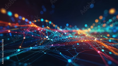 Abstract background of digital network, data flow and connectivity colorful with bokeh effect