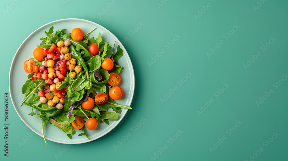 healthy dish on a plate , on a solid green background, top view, real photo, with empty copy healthy dish on a plate , on a solid green background, top view, real photo, with empty copy