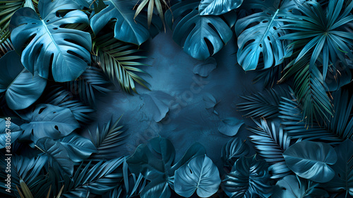 Collection of tropical leaves, foliage plants on a blue background Collection of tropical leaves,foliage plant in blue color with space background, Generative AI 