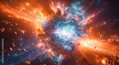 giant blue star exploding with gamma rays and pieces flying away, big explosion in the middle with light rays coming out photo