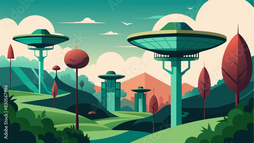 Against a backdrop of sprawling vines and modern architectural structures a trio of eVTOLs zooms overhead providing an airborne view of the picturesque landscape.. Vector illustration