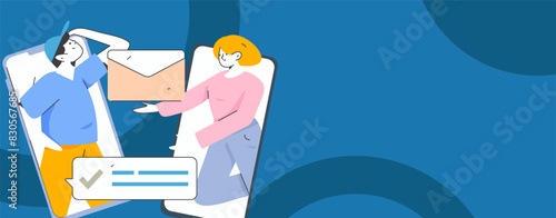 Virtual characters social communication concept business flat vector hand drawn illustration
