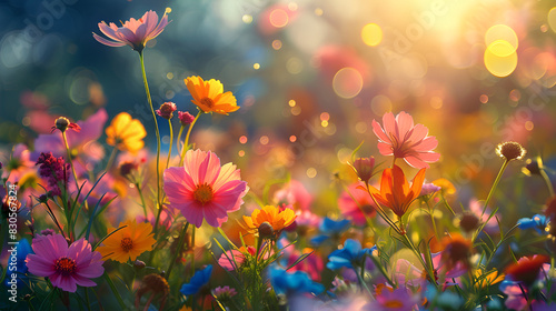 Sunlight in the flowers, Golden hour by a lake in Jurua Purple flowers in field at sunrise Beautiful spring meadow at sunset, Generative Ai