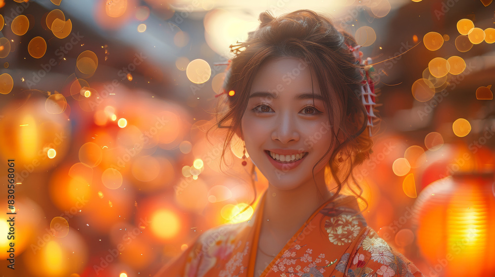 Japanese girl dons a graceful kimono and holds a traditional Asian lantern, amidst a sea of glowing lanterns, Embraced by the warm ambiance of a summer festival night. Japanese girl dons a graceful kimono and holds a traditional Asian lantern, amidst a sea of glowing lanterns, Embraced by the warm ambiance of a summer festival night.