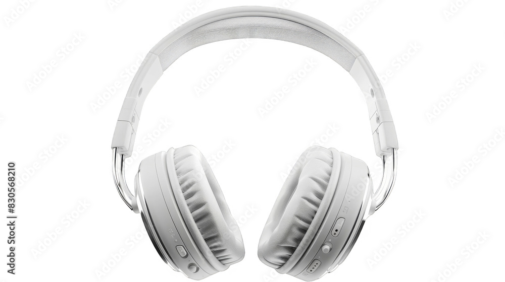 A pair of white headphones with a silver band. The headphones are designed to be comfortable and stylish isolated on transparent background A pair of white headphones with a silver band. The headphones are designed to be comfortable and stylish isolated on transparent background