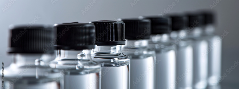 A row of clear vials with black caps on a white background, in a macro photography style, as a stock photo, with high resolution and sharp focus, lit with studio lighting, with copy space on the right A row of clear vials with black caps on a white background, in a macro photography style, as a stock photo, with high resolution and sharp focus, lit with studio lighting, with copy space on the right